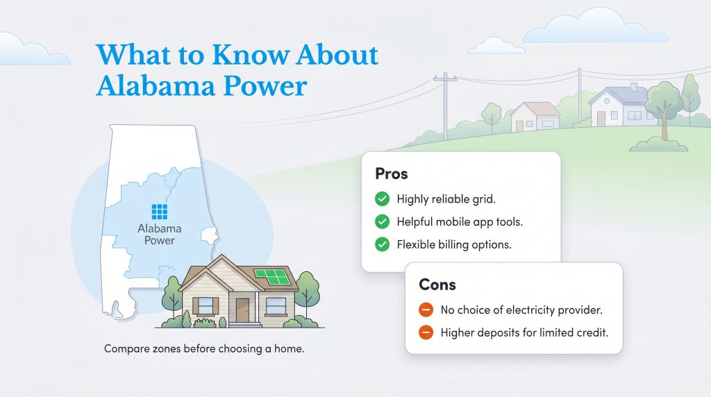 Infographic detailing pros and cons of using Alabama Power, plus its service map and a house.