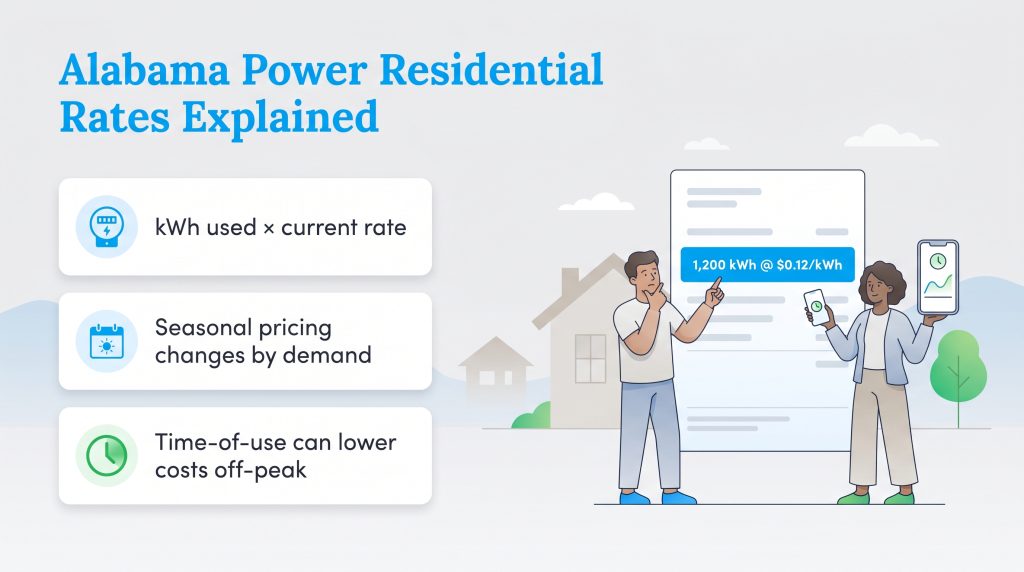 Infographic explaining Alabama Power rates based on usage, seasonal demand, and off-peak savings.