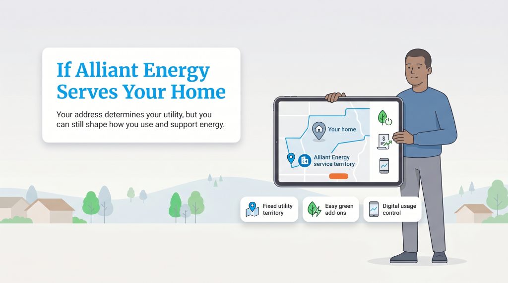 Man holds tablet showing Alliant Energy map, green options, and usage control icons.