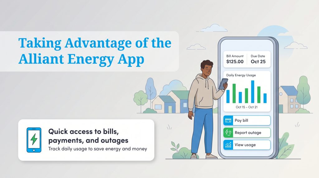 Illustration of a person using the Alliant Energy app to view bills, track usage, and report outages.