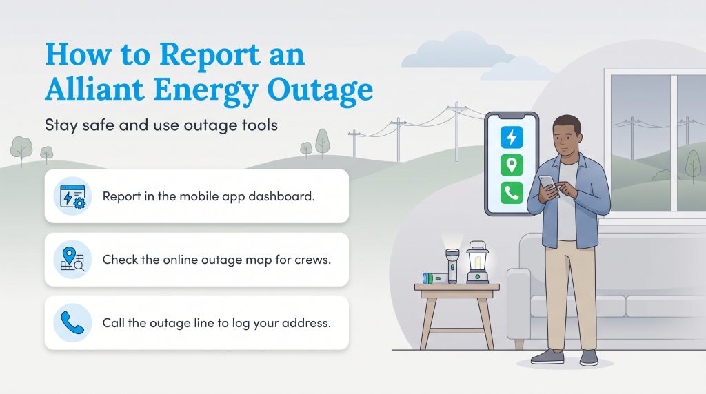 A man with a phone stands next to three buttons for reporting an Alliant Energy outage: app, map, and call.