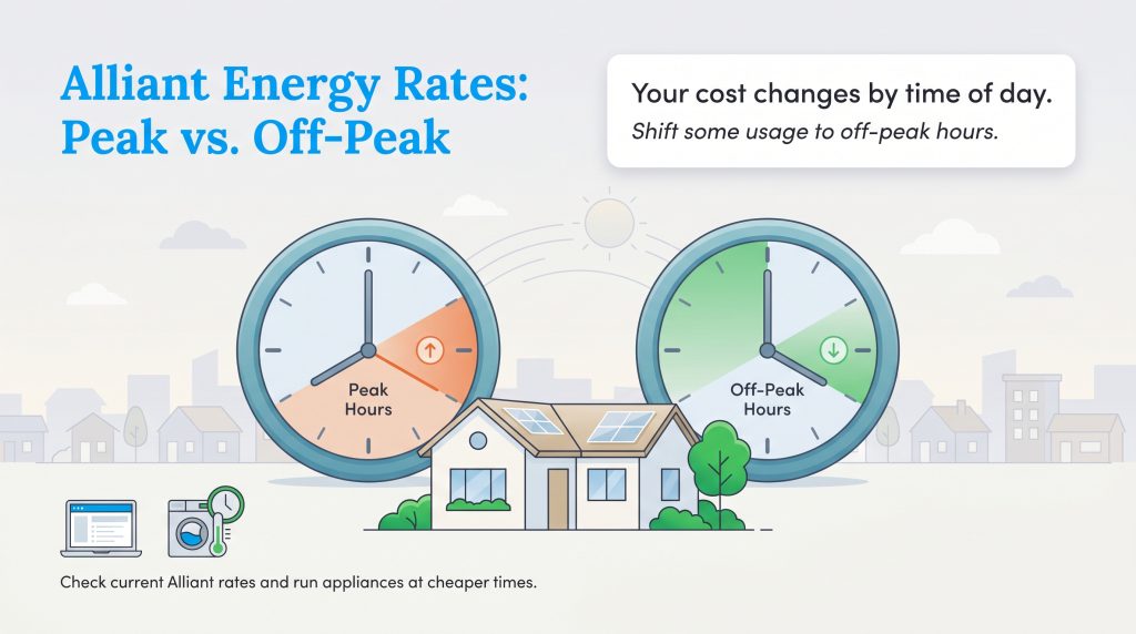 Infographic comparing Alliant Energy's expensive peak hours versus cheaper off-peak hours using two clocks.