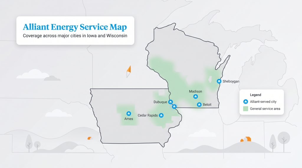 A map showing Alliant Energy's service area in Iowa and Wisconsin, highlighting major cities like Madison and Cedar Rapids.