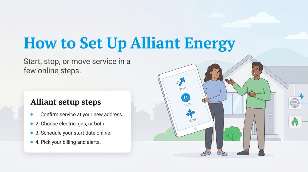 Infographic guide on how to set up Alliant Energy service online, with a four-step checklist.