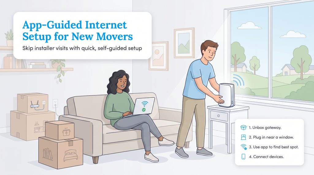 Illustration showing new movers easily setting up app-guided wireless internet in four simple steps.