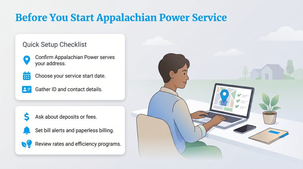 Infographic checklist of six steps to take before starting Appalachian Power service, including confirming address, choosing a start date, and gathering details.