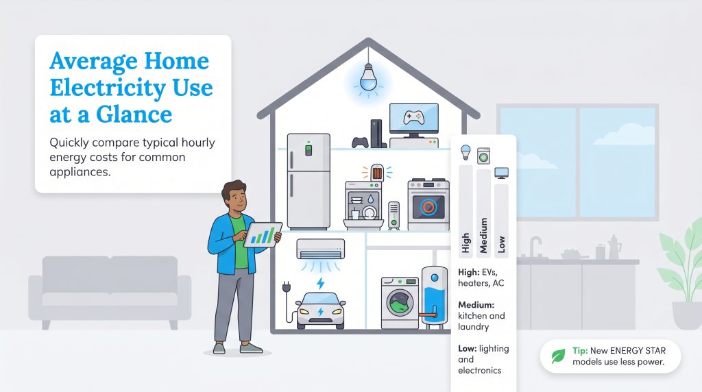 Infographic classifying common household appliances by their typical hourly electricity usage and cost.