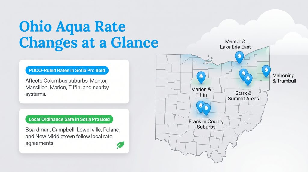 Infographic map of Ohio showing areas affected by PUCO-ruled rates versus local ordinance agreements.