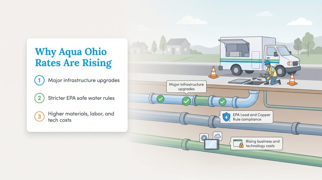 Diagram showing Aqua Ohio rate increase reasons: infrastructure upgrades, EPA rules, and rising costs.