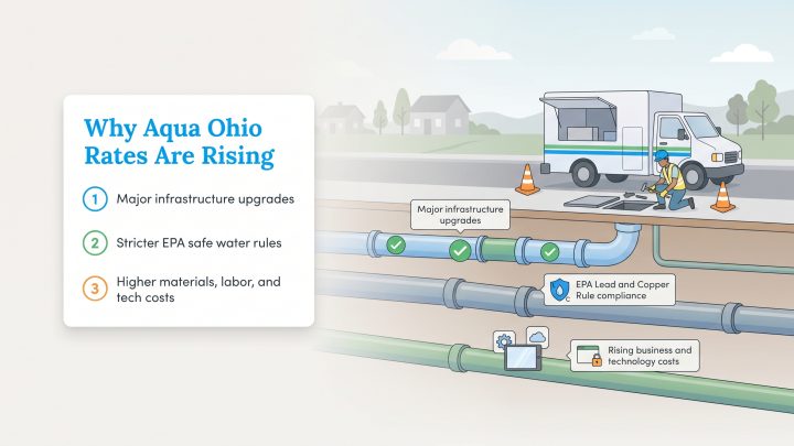 Diagram showing Aqua Ohio rate increase reasons: infrastructure upgrades, EPA rules, and rising costs.