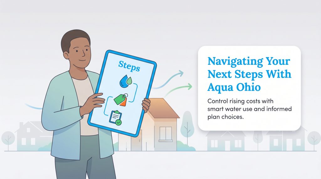 Person holds a tablet showing a diagram of steps (water drop, price tag, clipboard), with a text box titled Navigating Your Next Steps With Aqua Ohio.