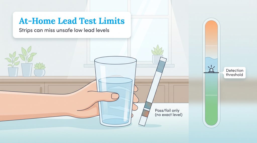 Illustration of a hand with water and a test strip, showing they only give a pass/fail result.
