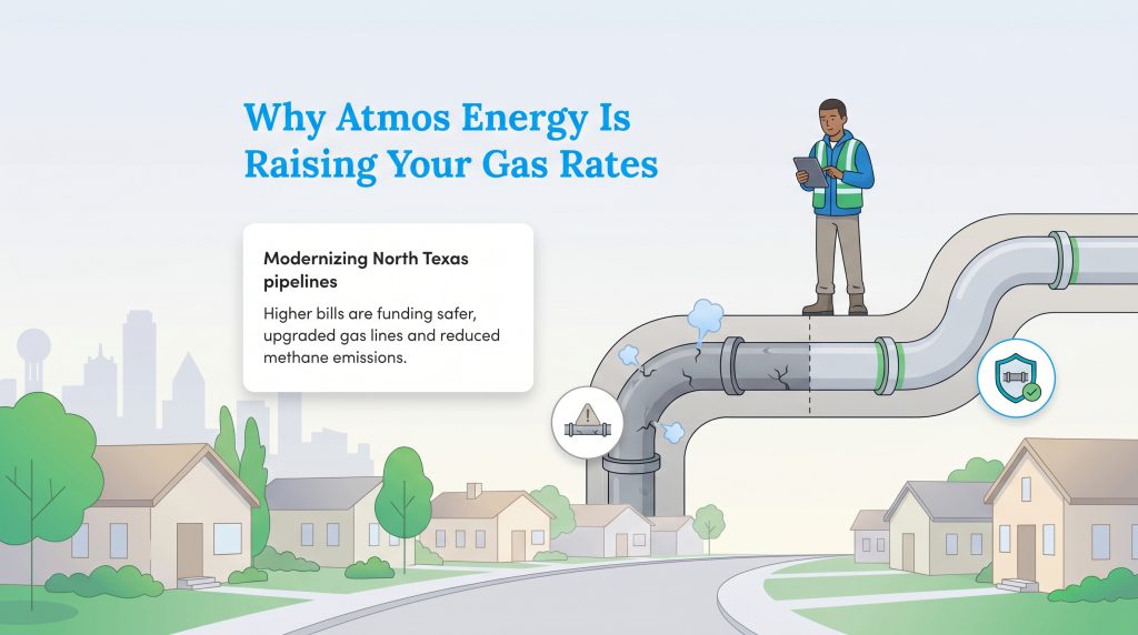 Infographic explaining Atmos Energy gas rate increases for pipeline modernization in North Texas.