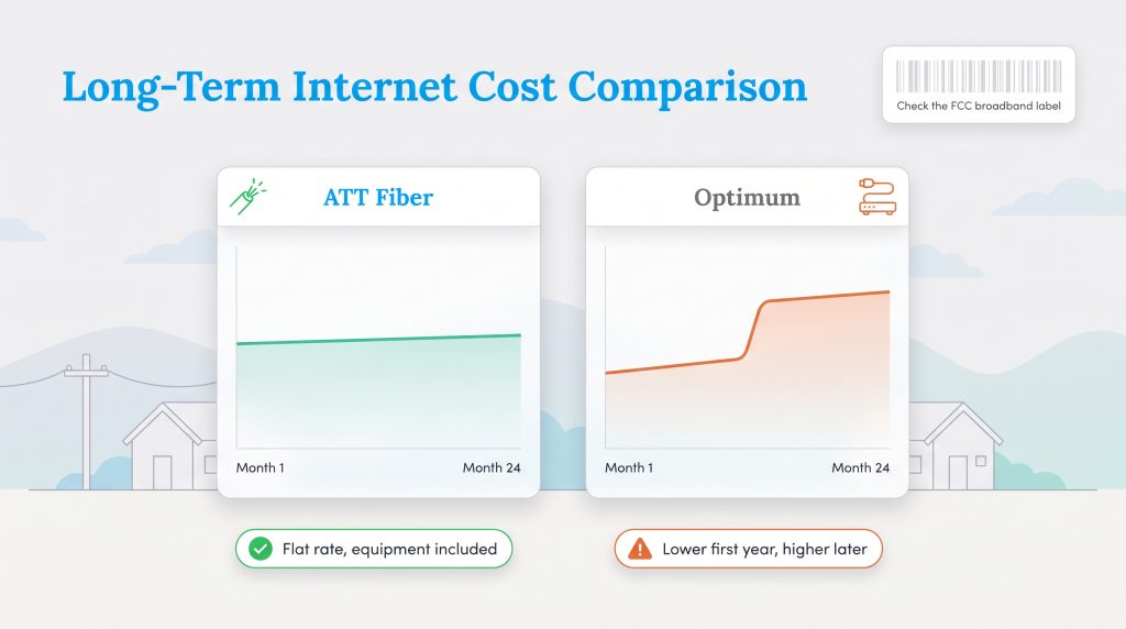 Chart comparing 24-month internet costs: ATT Fiber is a flat rate, while Optimum increases sharply after year one.