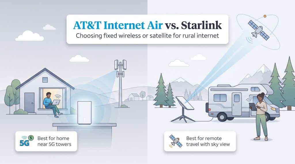 Infographic comparing AT&T Internet Air 5G home internet for homes near towers, and Starlink satellite internet for remote travel.