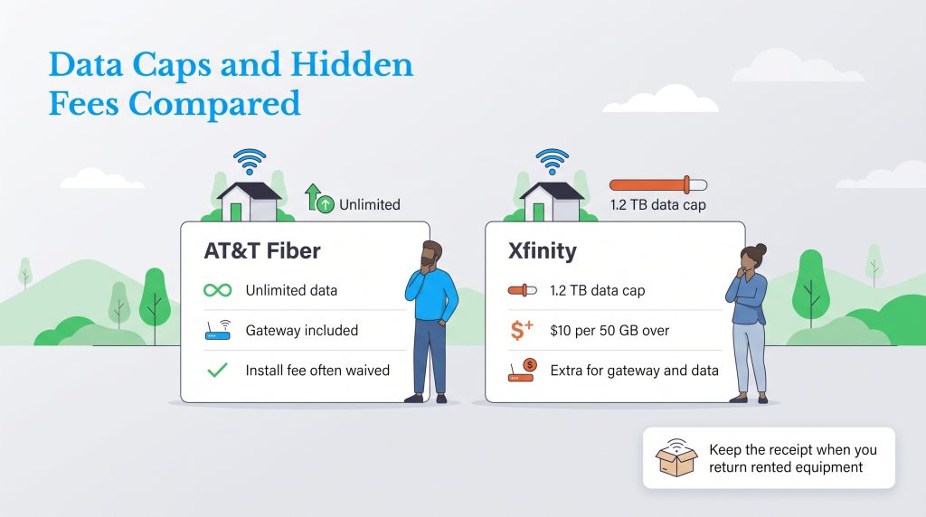 Infographic comparing AT&T Fiber unlimited data against Xfinity's 1.2 TB data cap and potential fees.