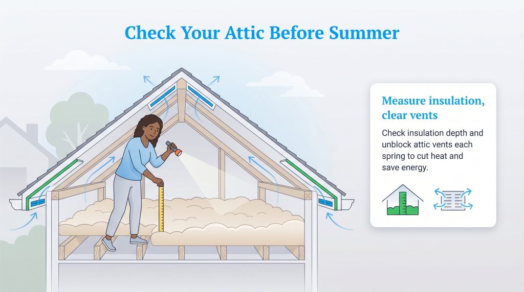 A woman in an attic measures insulation depth with a ruler and inspects vents with a flashlight.