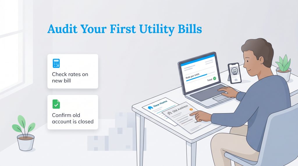 A man at a desk audits new and old utility bills using a laptop and a meter photo on his phone.