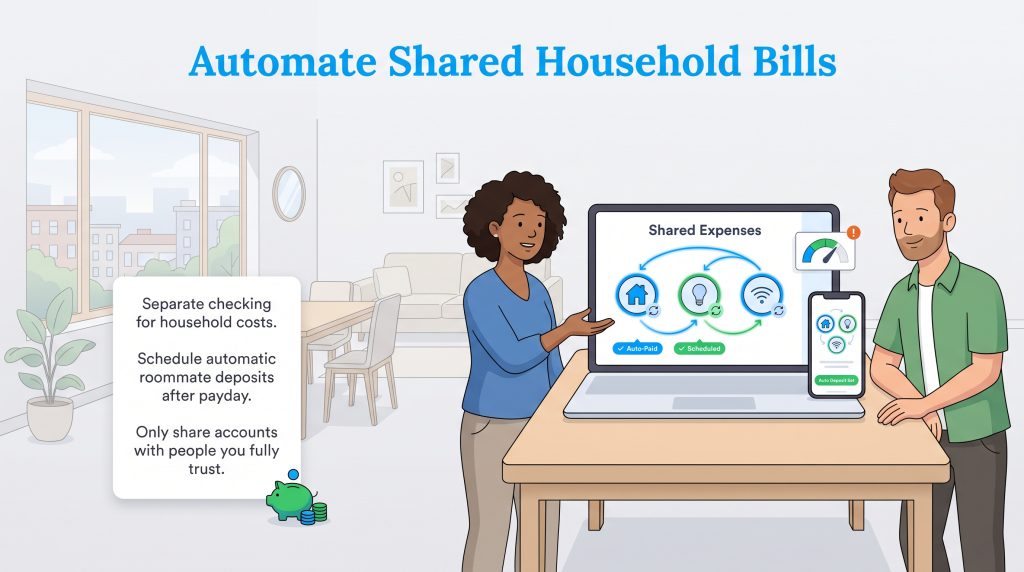 Illustration of two people with a laptop and phone managing shared expenses through an automated system.