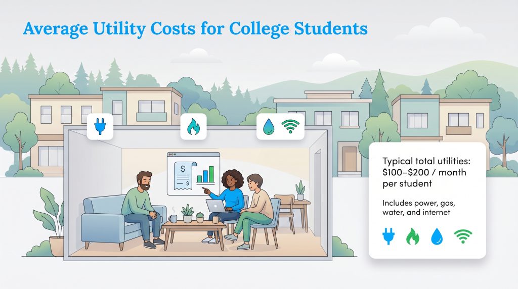Illustration of three college students discussing utility bills in an apartment, with text stating typical costs are $100-$200 per month per student.