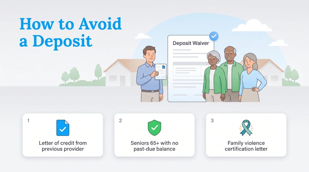 Illustration with title 'How to Avoid a Deposit' and three numbered options for deposit waivers.