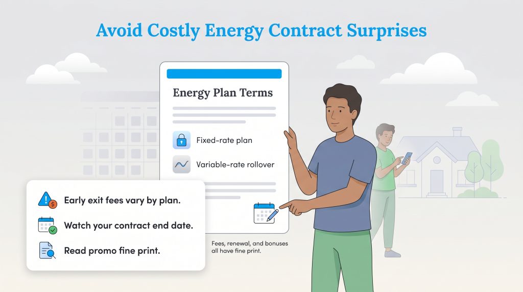 A man points to energy terms; a pop-up lists tips: check exit fees, watch end dates, and read fine print.
