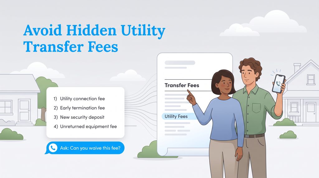 Couple reviews utility bill with a list of fees to avoid and a tip to ask for waivers.