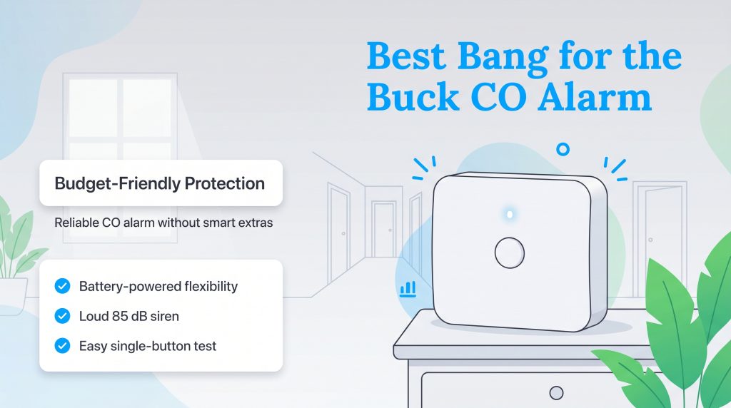 Infographic for the Best Bang for the Buck CO Alarm with features like battery power and a loud siren.