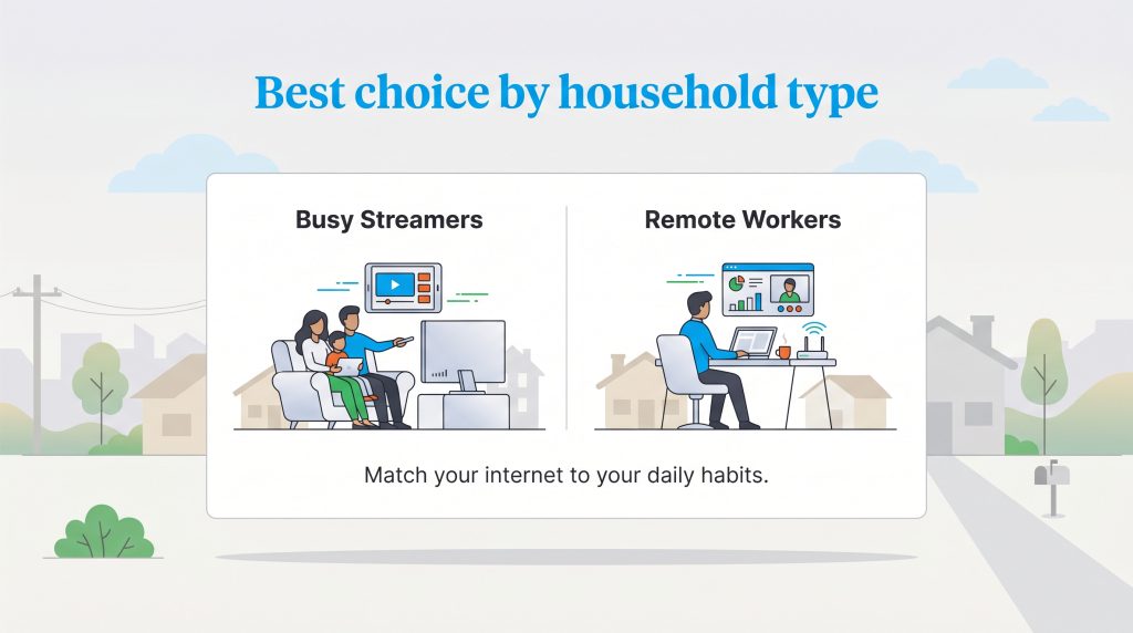 Infographic comparing internet needs for busy streamers and remote workers based on household habits.