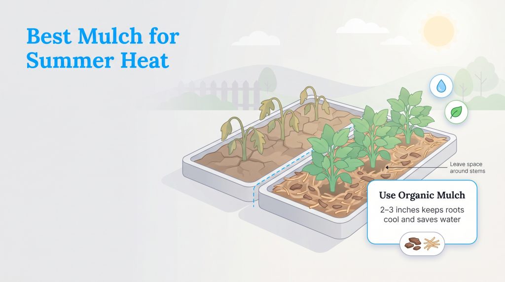 Infographic comparing dry, unmulched plants to healthy plants with organic mulch retaining water.