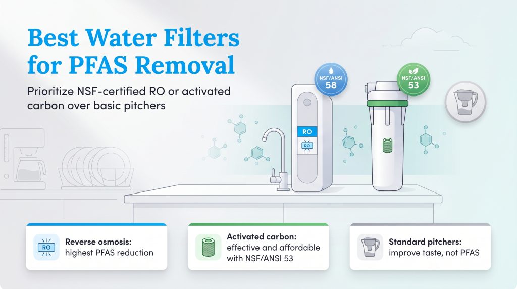 Visual guide prioritizing NSF-certified RO and activated carbon filters for effective PFAS removal.
