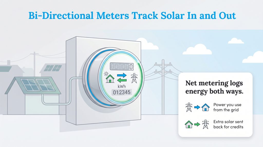 A diagram of a bi-directional meter tracking power between a solar home and the utility grid.
