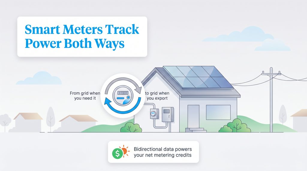 Infographic showing a bidirectional smart meter tracking power flow between a solar home and the grid.