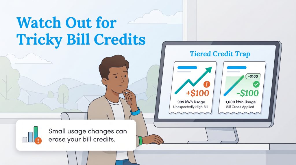 Infographic showing a 'Tiered Credit Trap' where a small usage change leads to a much higher bill.