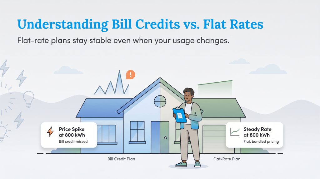 Illustration comparing a price-spiking Bill Credit Plan to a stable Flat-Rate Plan on a house.