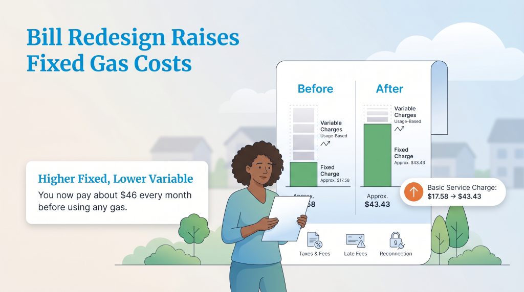 Infographic illustrating a gas bill redesign where the fixed service charge increased from $17.58 to $43.43.