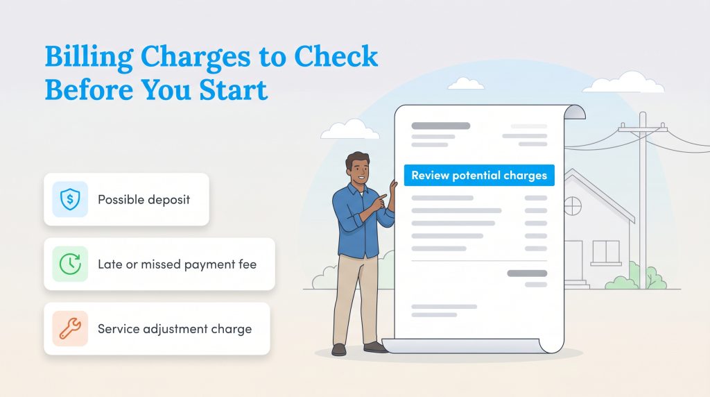 A person points to a large utility bill and a list of charges like a possible deposit or late payment fee.