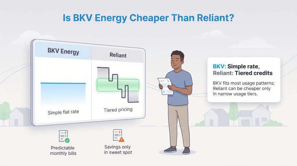 Infographic comparing BKV Energy's simple flat rate pricing with Reliant's tiered credit pricing model.