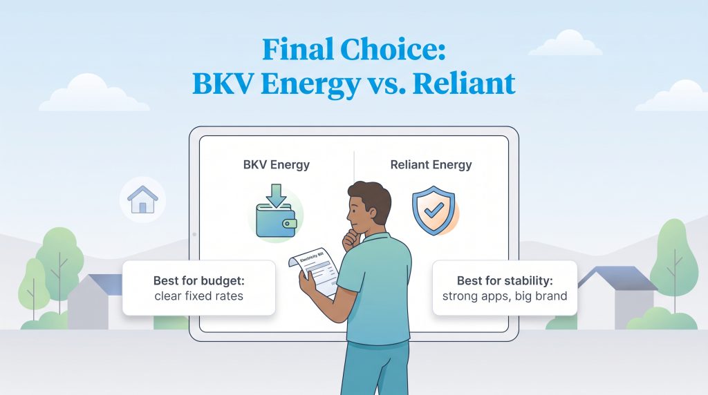Man comparing BKV Energy's budget focus versus Reliant Energy's stability focus on a tablet.