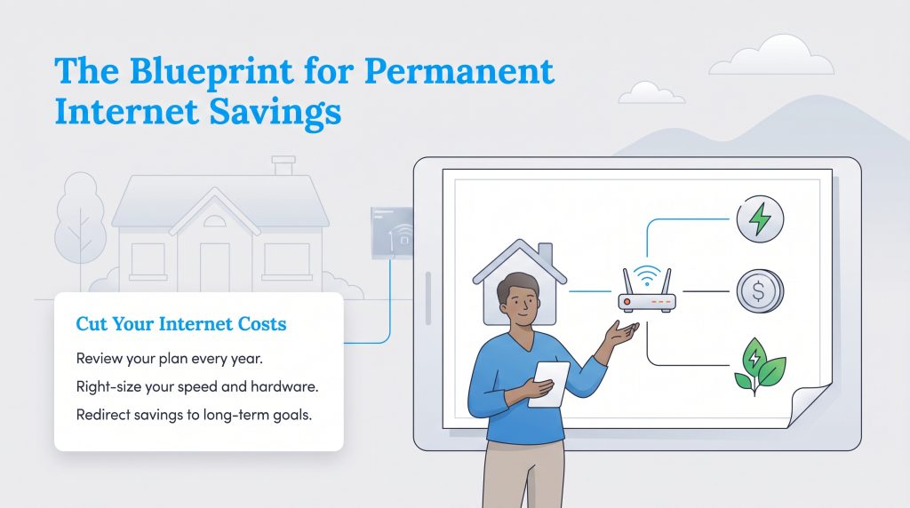 Illustration of a person presenting a blueprint on a tablet for cutting internet costs.