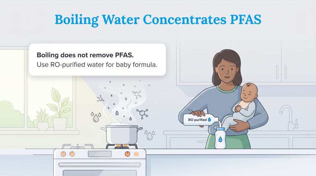 An infographic illustrating that boiling tap water concentrates PFAS and recommending RO-purified water for baby formula.