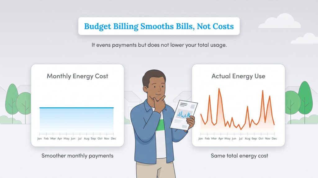 Man compares a flat cost graph to a fluctuating energy use graph, illustrating budget billing.