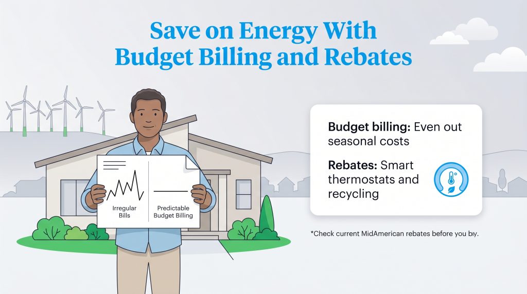 Illustration comparing irregular versus predictable energy bills, alongside a list of rebate benefits.
