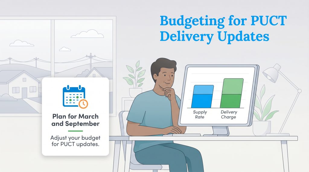 Man viewing energy chart with a reminder to budget for March and September PUCT delivery updates.