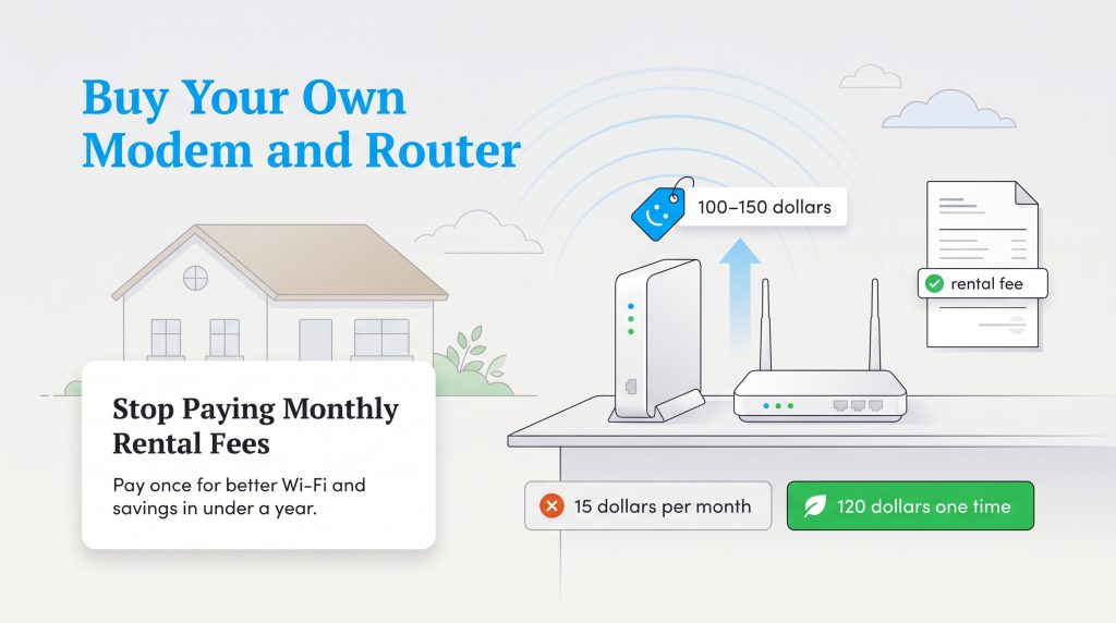 Infographic comparing the cost of buying a modem and router versus paying monthly rental fees.