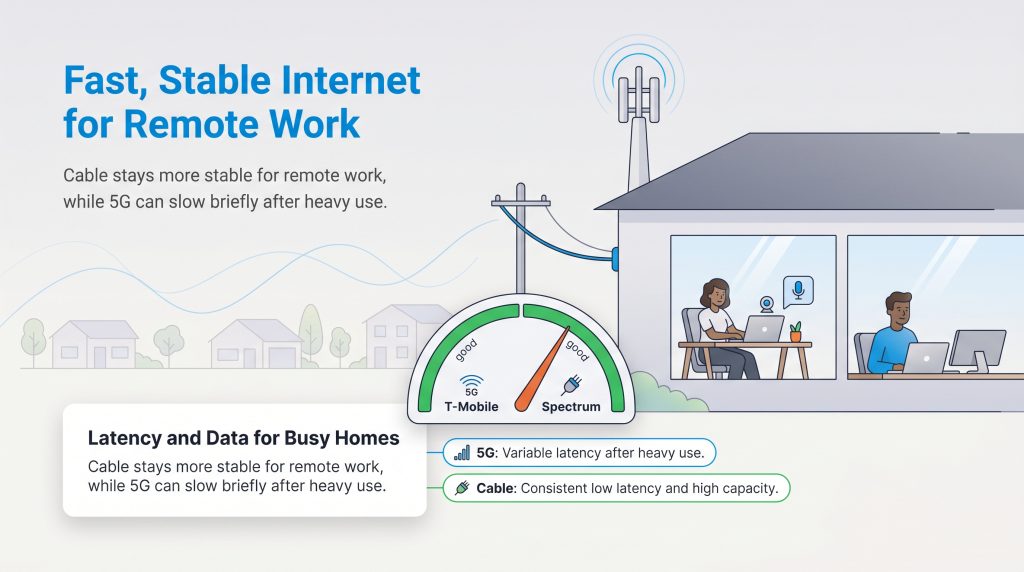 Illustration comparing 5G and cable internet stability and latency for remote work in a busy home.