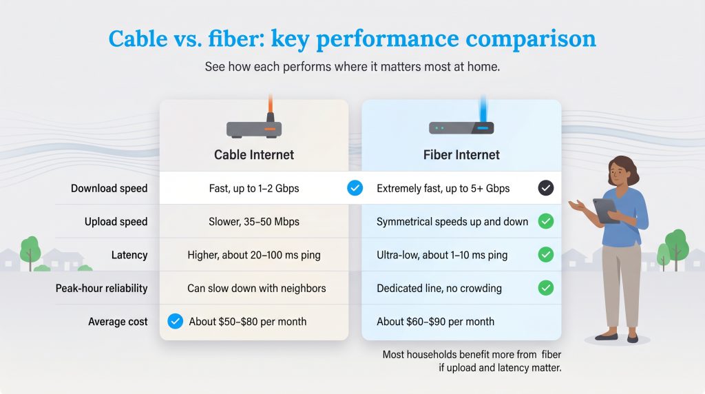 Infographic showing fiber internet superior to cable for upload speed, latency, and reliability.
