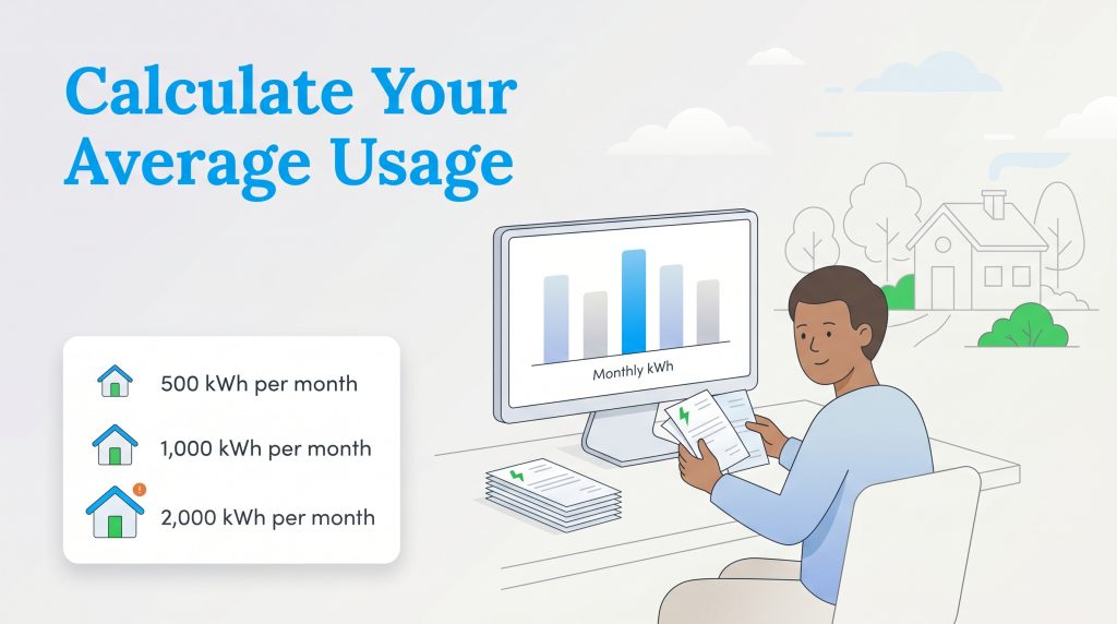 A person compares paper bills to a digital chart of monthly energy usage on a computer screen.