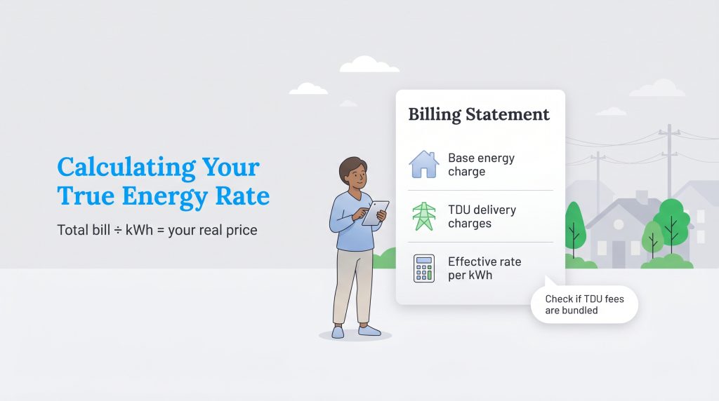Illustration of a person reviewing a billing statement to calculate the true effective energy rate.