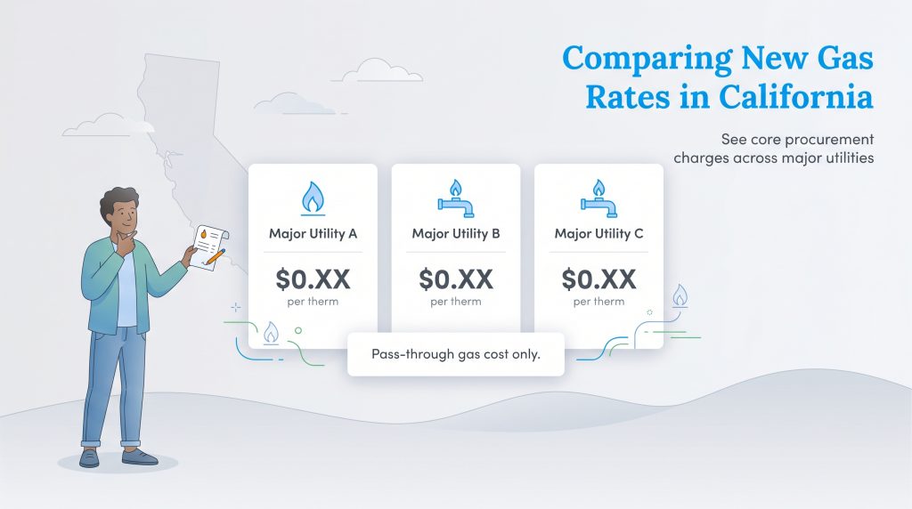 Infographic comparing core procurement gas rates for three major California utilities.